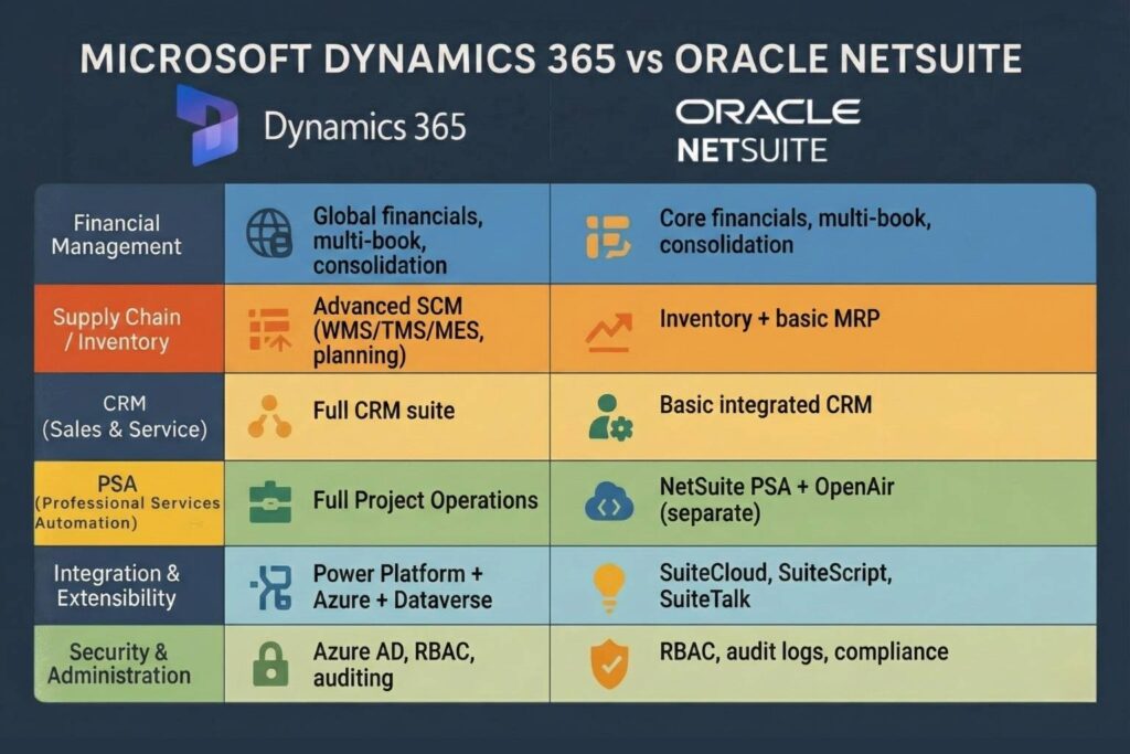 Microsoft Dynamics 365 vs NetSuite across enterprise ERP domains